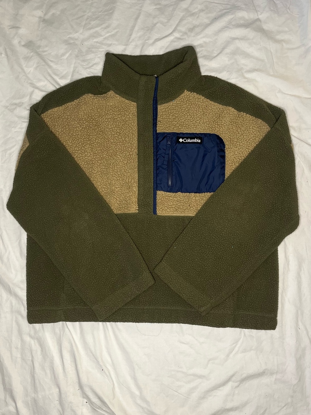 Columbia Women’s Olive Green and Navy Sherpa Half-Zip Pullover with Tan Panels